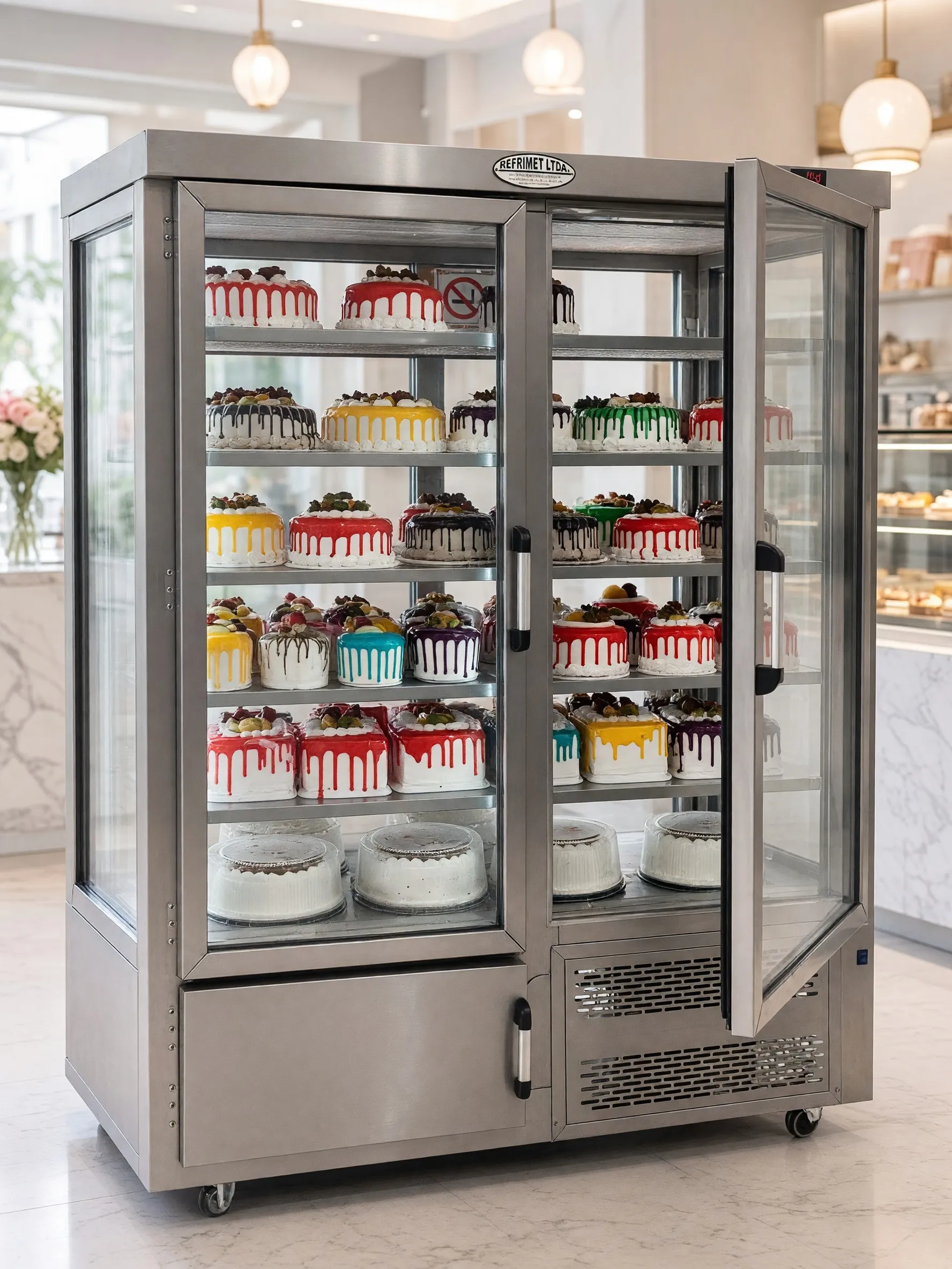 Vitrina refrigerada de dos puertas de Refrimet con tortas