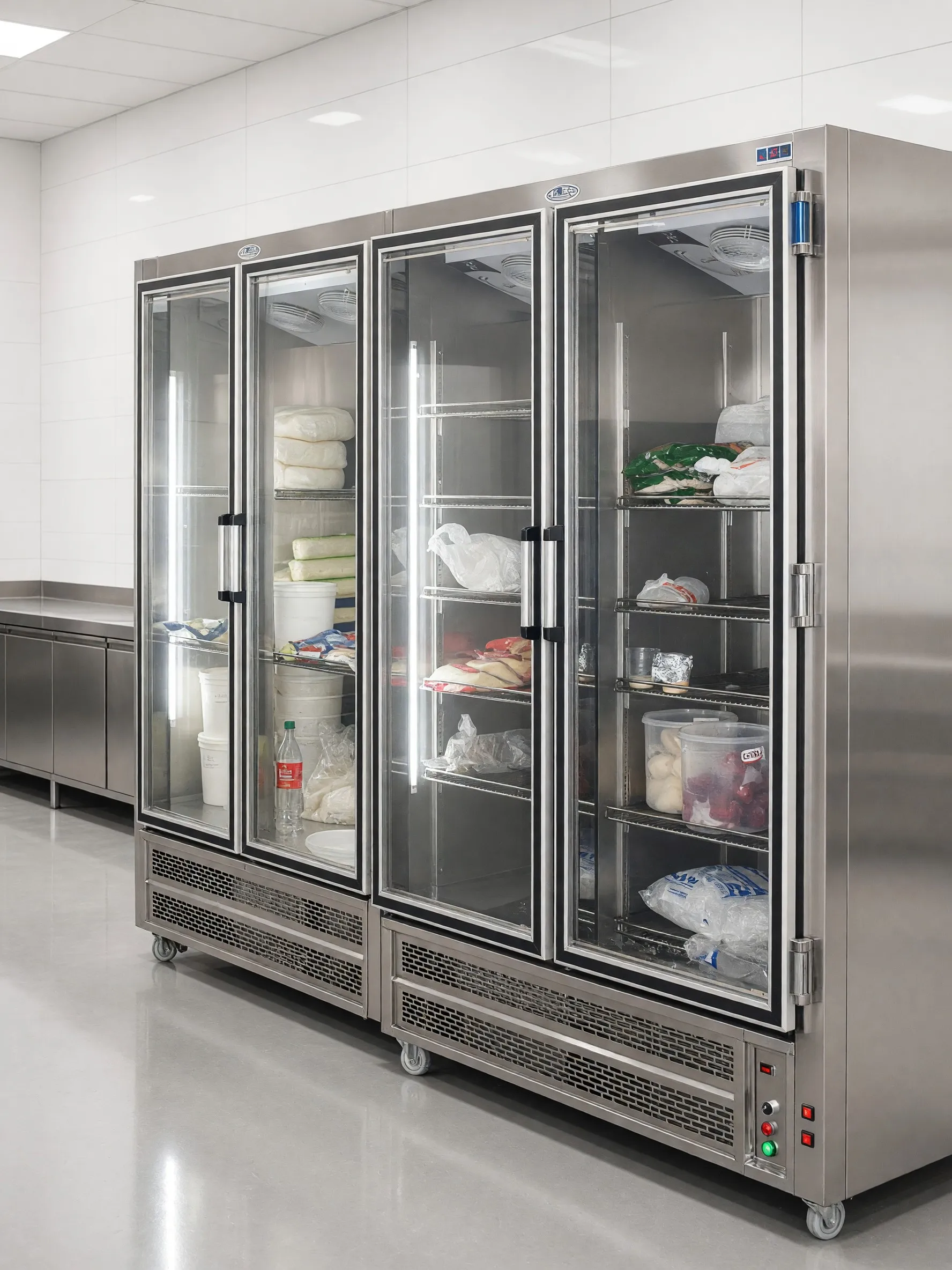 Neveras de acero inoxidable con puertas de vidrio en una cocina industrial