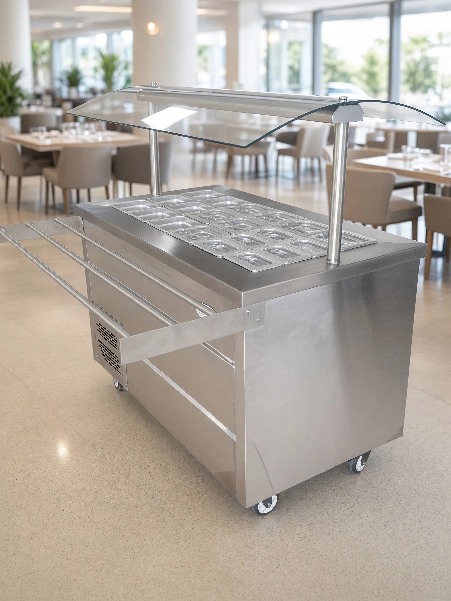Barra refrigerada de acero inoxidable con bandejas y protector de vidrio