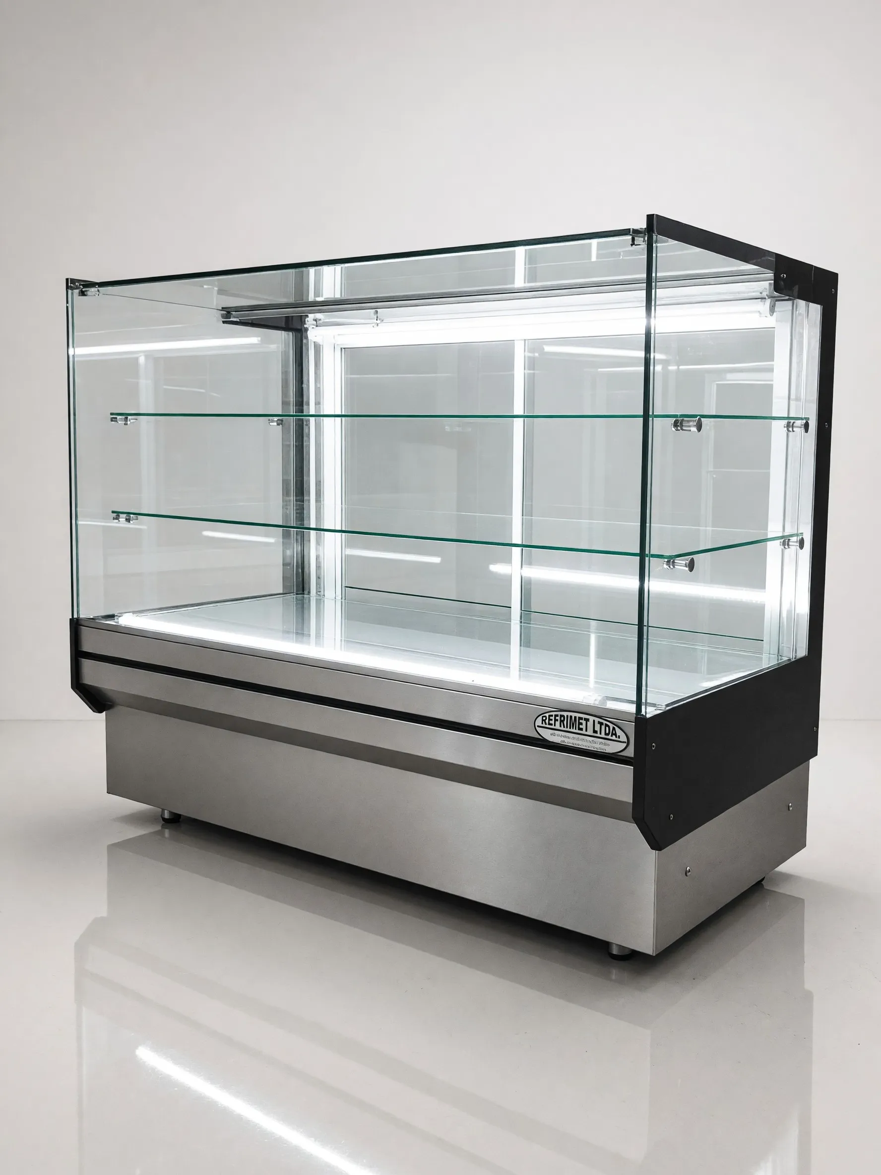 Vitrina de vidrio recto con iluminación LED en el taller de Refrimet
