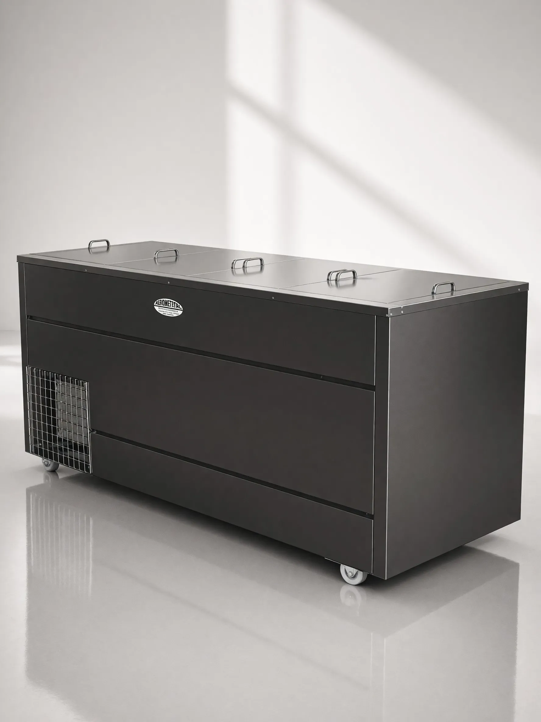 Congelador horizontal negro con tapas de acero inoxidable