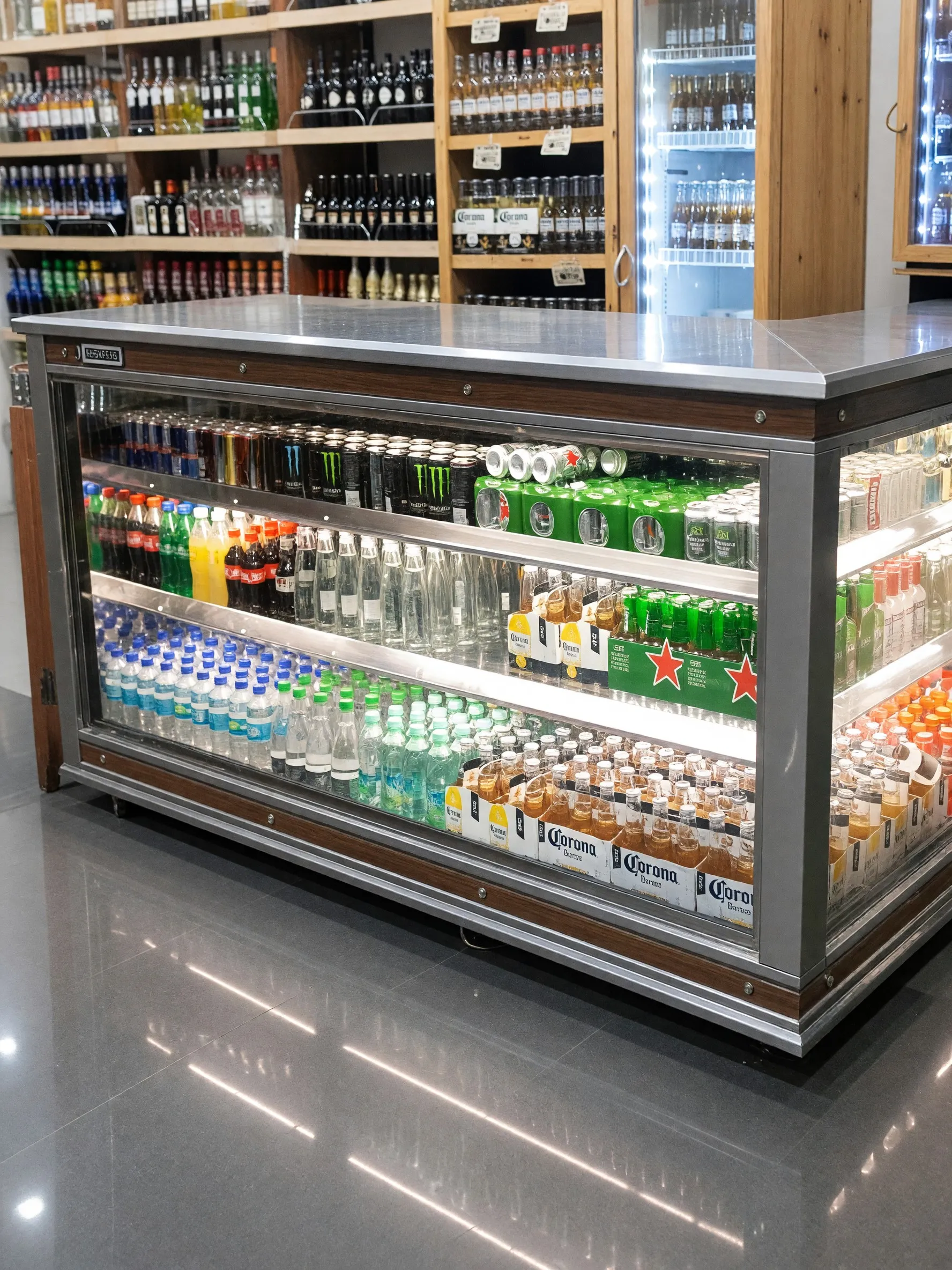 Mostrador refrigerado con bebidas en una licorera