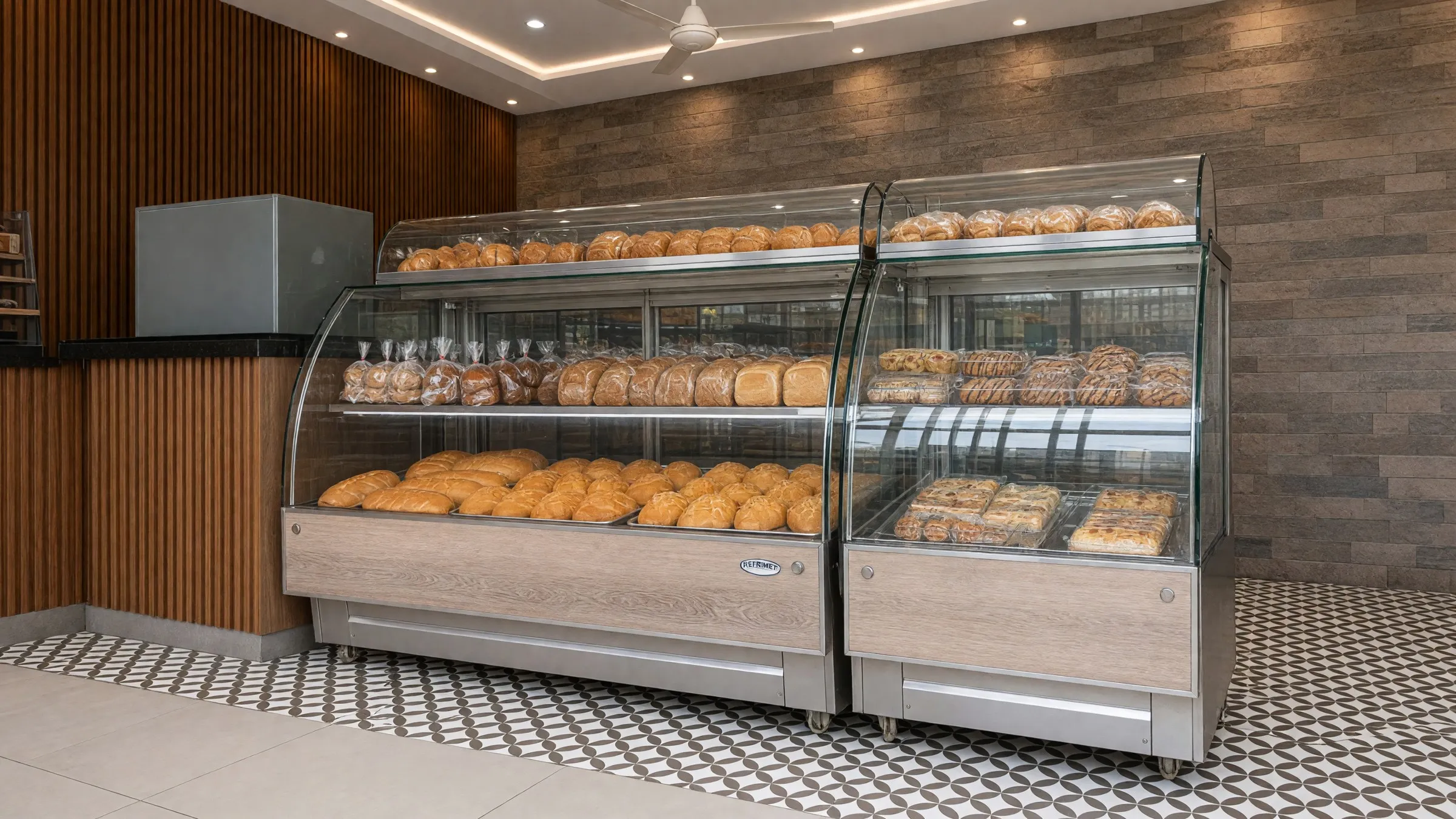 Vitrina curva de Refrimet llena de pan en una panadería de Cali